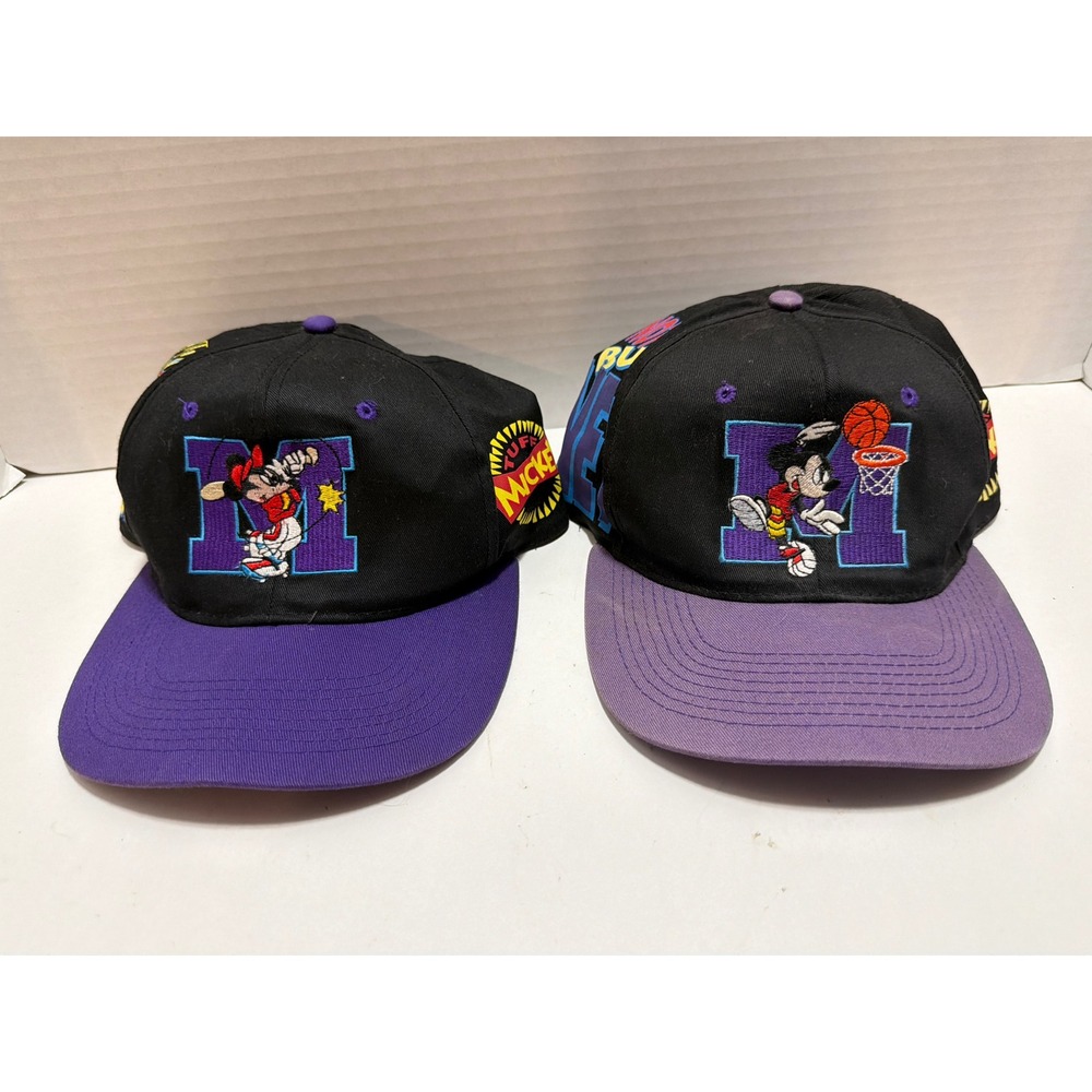 Vintage Disney Mickey Minnie Mouse Snapback Hats Set 90s Basketball Purple Black